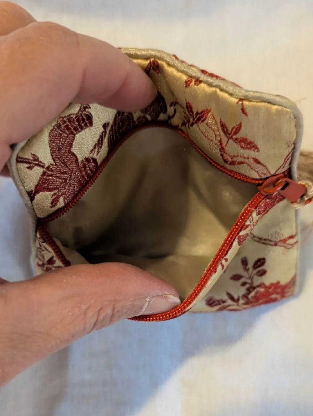 Silk Bird Print Zipper Coin Purse with Tassel - Beige & Burgundy